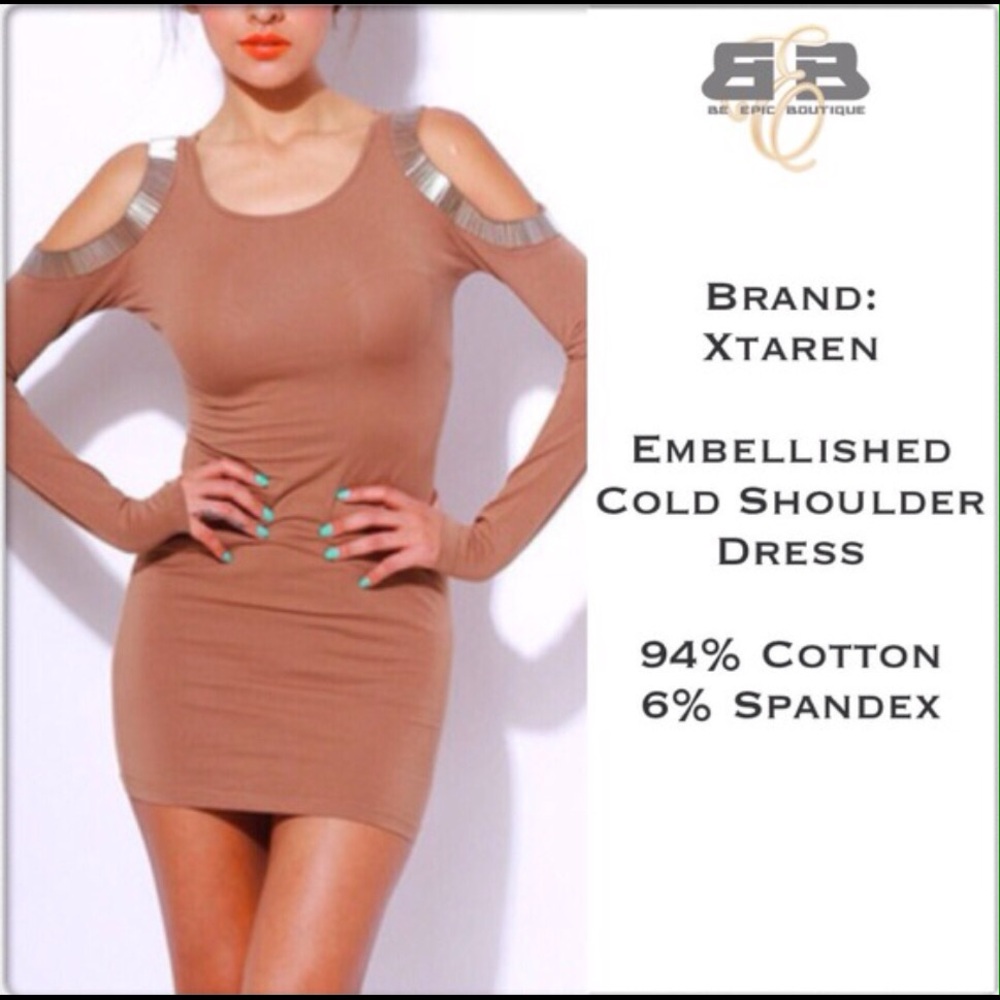 💥SALE💥 Nude Bejeweled Cold Shoulder Dress